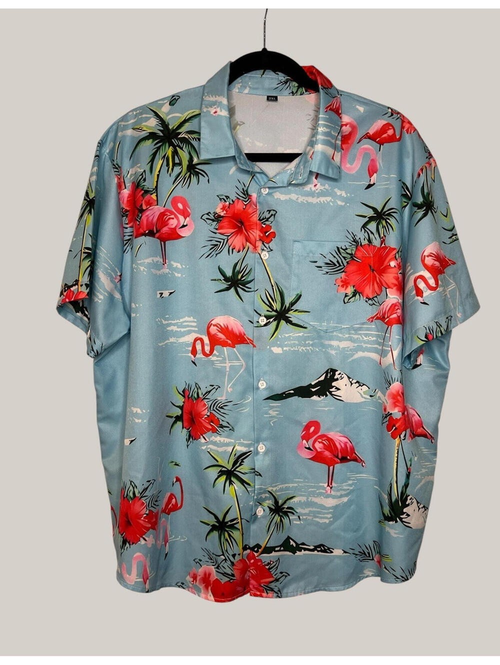 Hawaiian Button Up Shirt Mens 2XL  Polyester Flamingo Floral Pocket